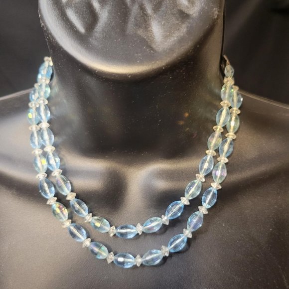 Vintage Necklace 16” West Germany Two Strand Mid Century Light Blue Clear Marked - Picture 2 of 8
